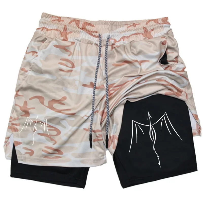 Flying Dragon Print Men's Summer Double-Layer Athletic Shorts Breathable Stretchy Moisture-Wicking Running Fitness Gear Shorts