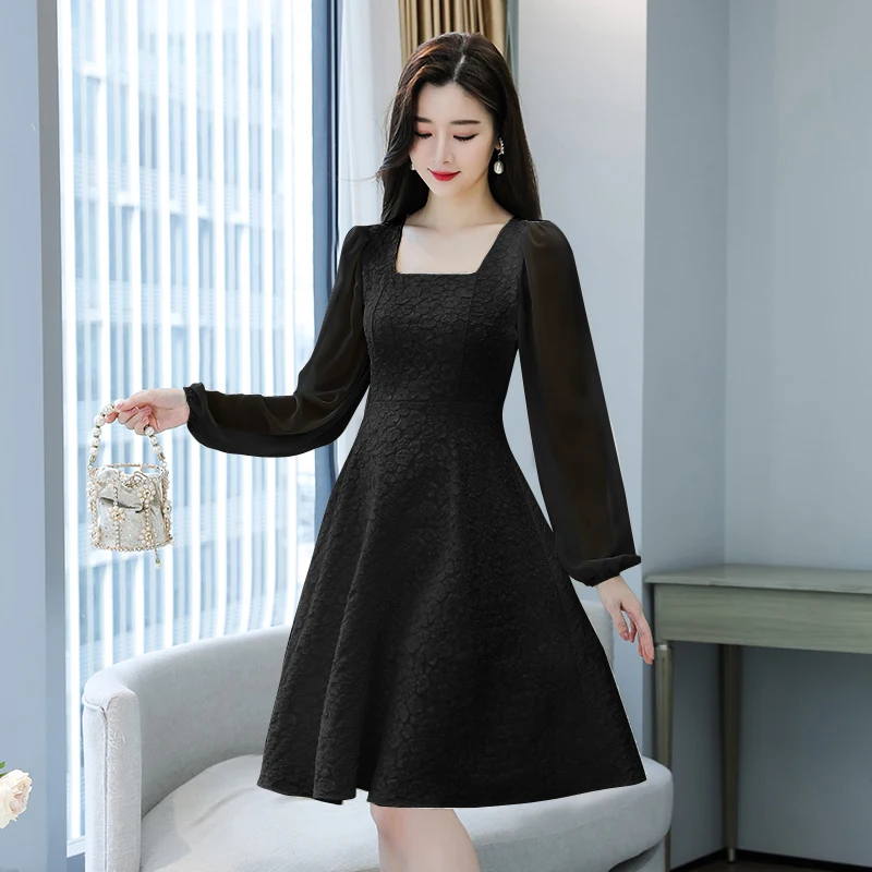 5XL Vintage Solid Dress Women Spring 2023 New Long Sleeve Square Collar Casual Dresses Female Slim Elegant Luxury Party Vestidos