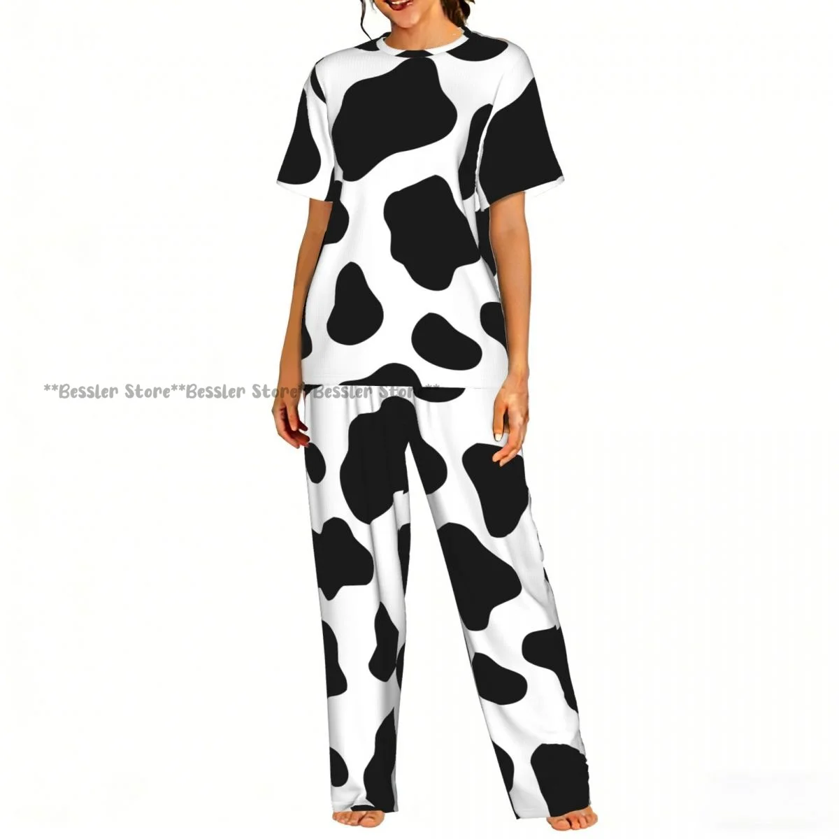 

Женский комплект из 2 предметов: пижама с черно-белым принтом коровы, топ с короткими рукавами и брюки, одежда для сна