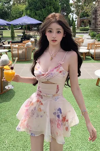 

Ethereal Floral Summer Vacation Print Hollow Out Sexy Fairy Pleated Design Strap Dress