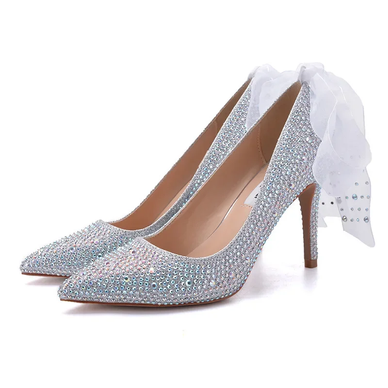 33-41 Ribbon Crystal Shoes High Heeled Silver Wedding Shoes Rhinestone Pointed Women Shoes Banquet