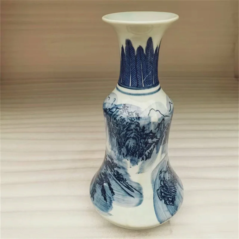 China Old Porcelain Necked Vase Blue And White Landscape Patterns Traditional Art Decorative Item