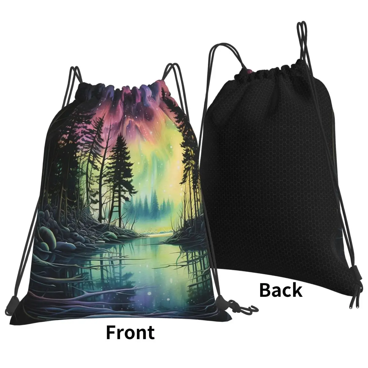 Forest By The River Forest Landscape Northern Lights Backpacks Fashion Drawstring Bundle Pocket Storage Bag Book Bags Students