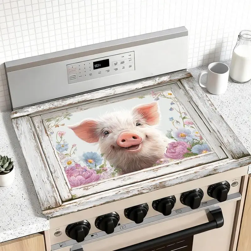 VIKAMA Farmhouse Cute Pig Flower White Washed Wood Frame Washer Dryer Top Mat Waterproof Non Slip Animal Laundry Decor Pad