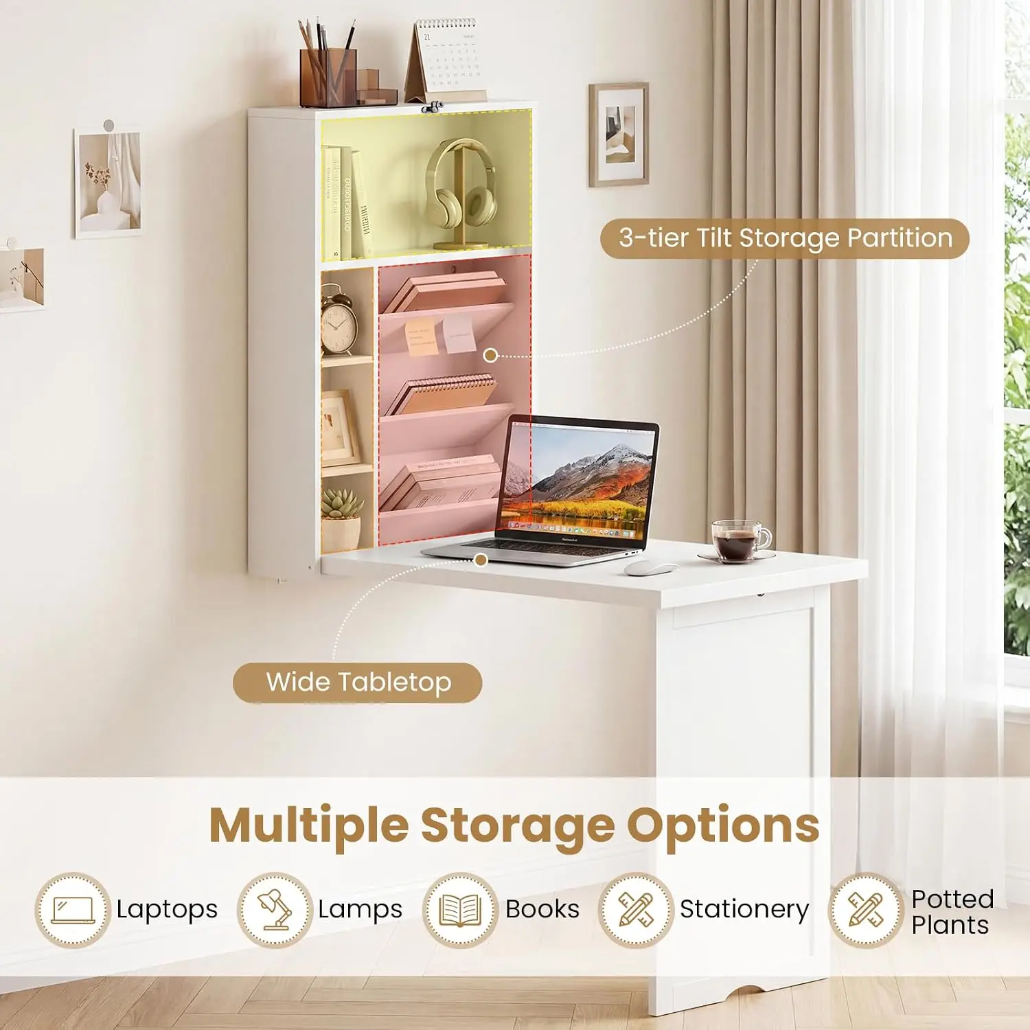 Wall Mounted Foldable Desk with Storage Shelves, Space Saving Floating Table for Home Office, White, Customized