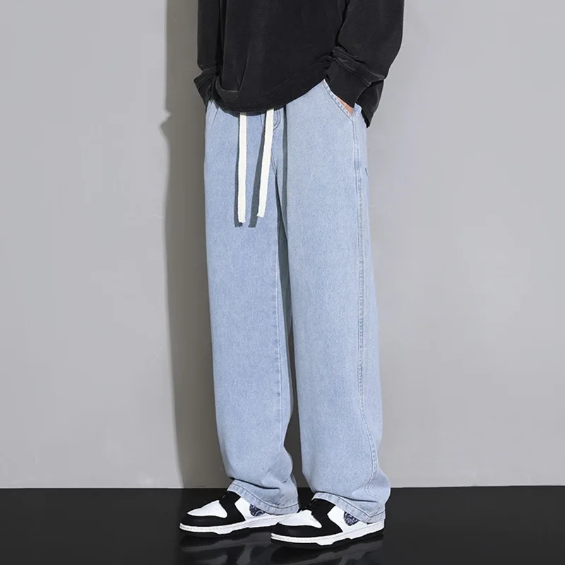 

Однотонные мужские повседневные длинные джинсы в корейском стиле, классические мужские четырехсезонные прямые джинсовые широкие брюки, светло-голубые, серые, Bla