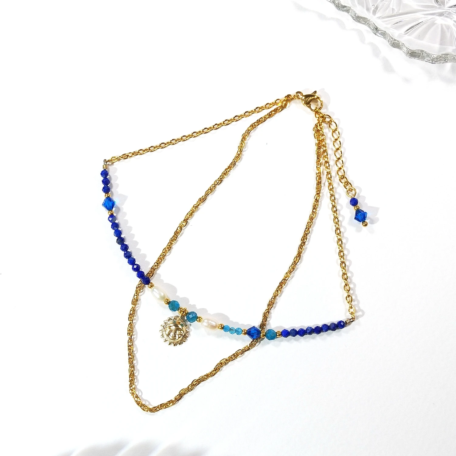 Lii Ji Natural Stone 2mm Sun Charm Double Layer Chain Anklet 24+3cm Gold Stainless Steel Handmade Bohe Fashion Jewelry