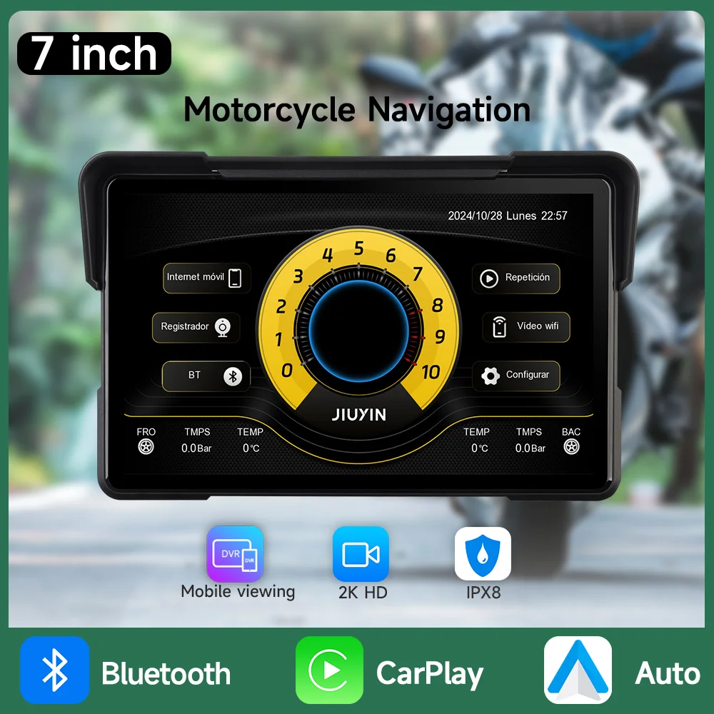 7 inch 2K HD Motorcycle Multimedia Player Recorder GPS Navigation Wireless CarPlay Android Auto IPX8 Waterproof Screen Bluetooth