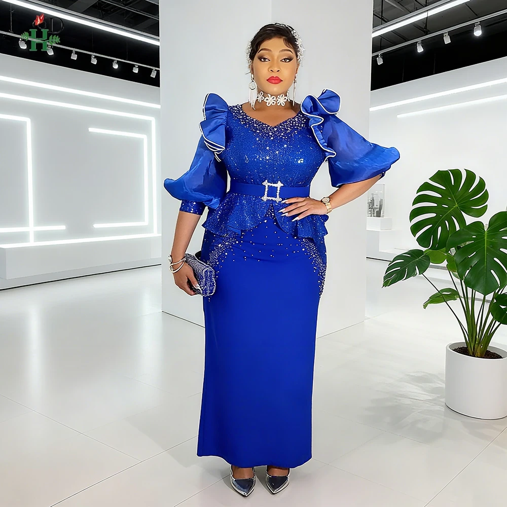 

New Plus Size African Women's Sequin pearl Dress with Ruffled Puff Sleeves V Neck Design Robe with Belt For Wedding Galas Party