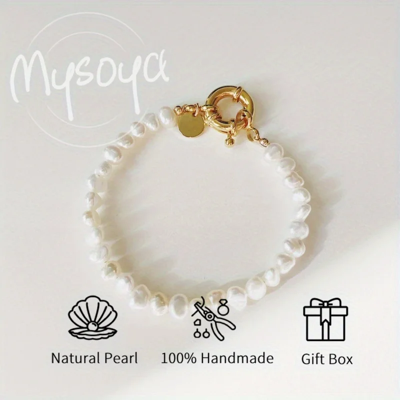 

MYSOYA 6-7mm Natural White Baroque Freshwater Pearl Bracelet For Women And Men With Gift Box Wedding Birthday Jewelry Gift