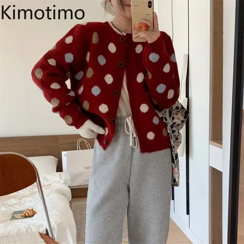 Kimotimo Polka Dot Knitted Cardigan Women Autumn Winter Vintage Single Breasted Sweater Coat Sweet Casual Long Sleeve Crop Tops