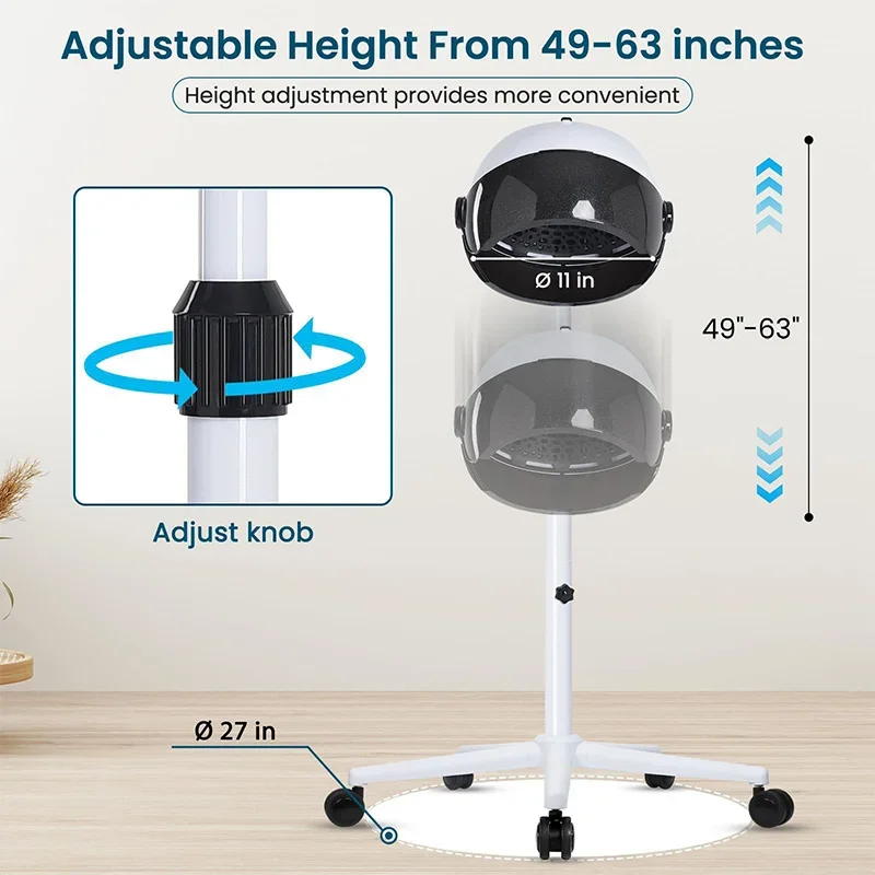 Hood Dryer with 3 Temperature Settings and Timer Function; Suitable for Hair Salons and Home Use; Height-Adjustable with Casters