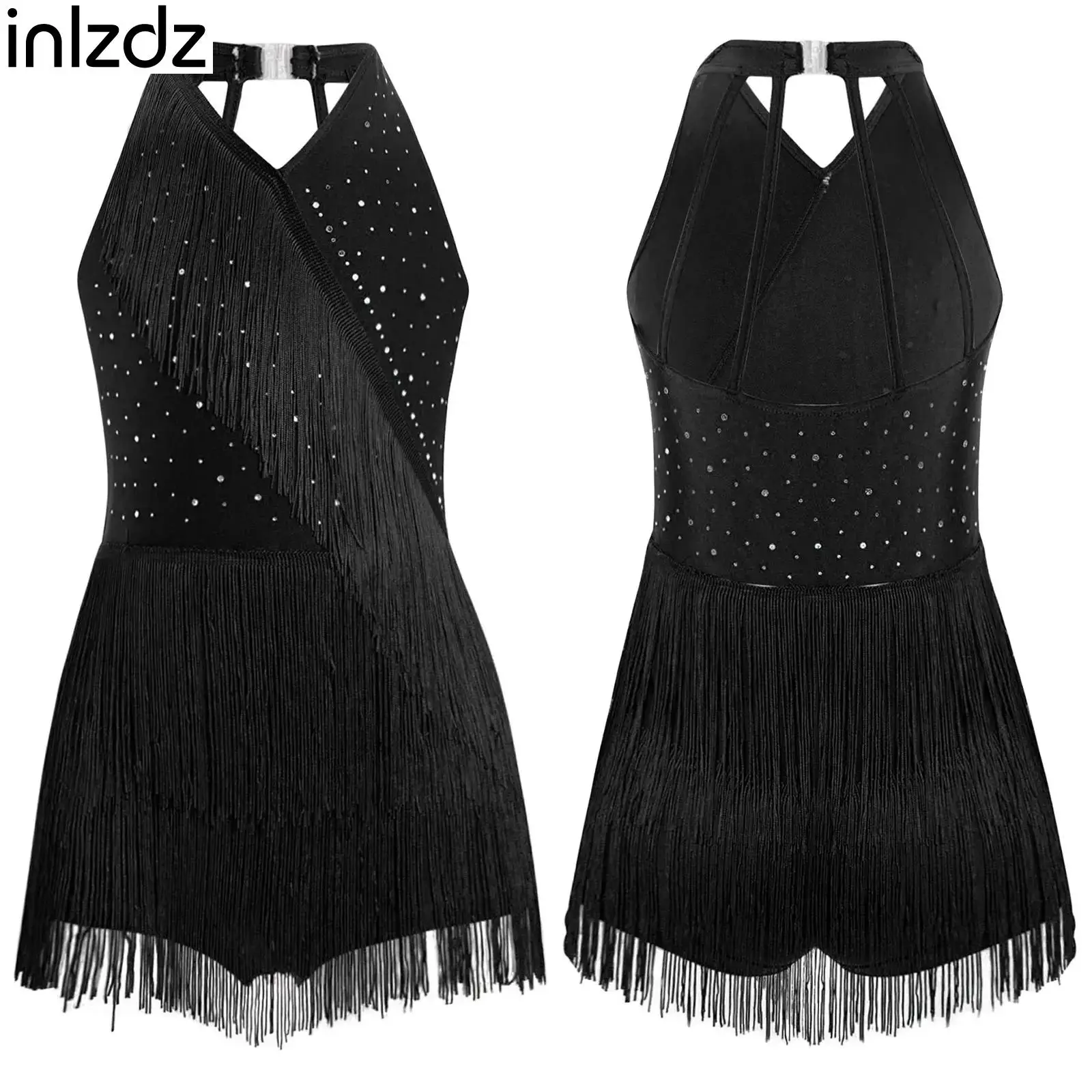 

Tassel Latin Dance Cha-cha Samba Salsa Costume for Girls Kids Rhinestones Fringe Leotard Dress Sleeveless Strappy Back Jumpsuit
