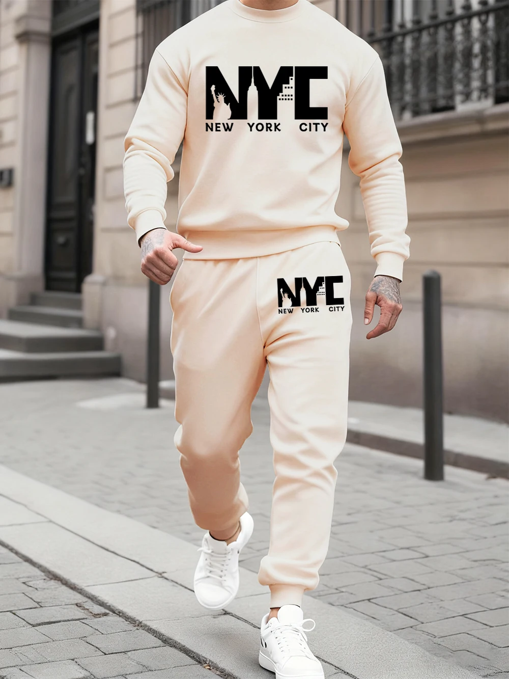 

2 Pcs Hoodie Set Mens New York City Letter Print Sweatpants Winter Fleece Warm Crewneck Hoody Jogging Pants Sporty Loose Clothes