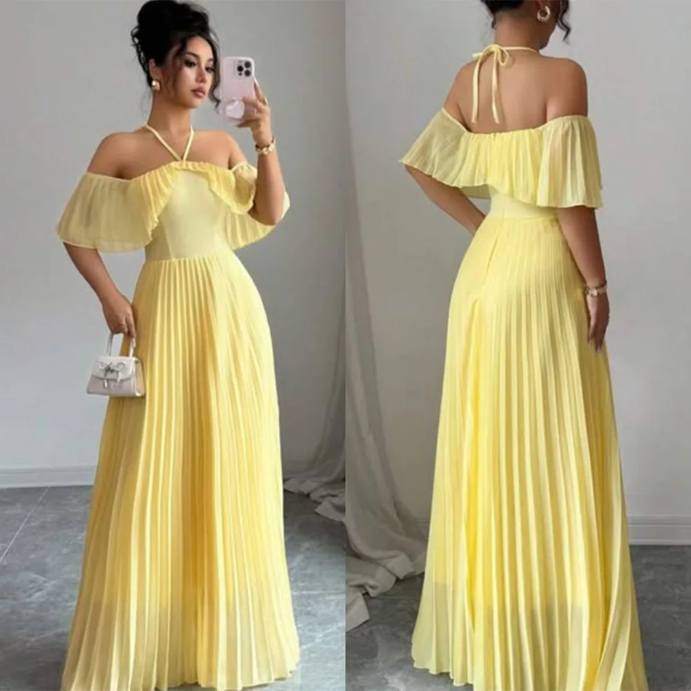 

High Quality Customized Floor Length Pleat Halter Backless Yellow Off Shoulder Vestidos Para Bodas Mujer Invitada Evening Dress