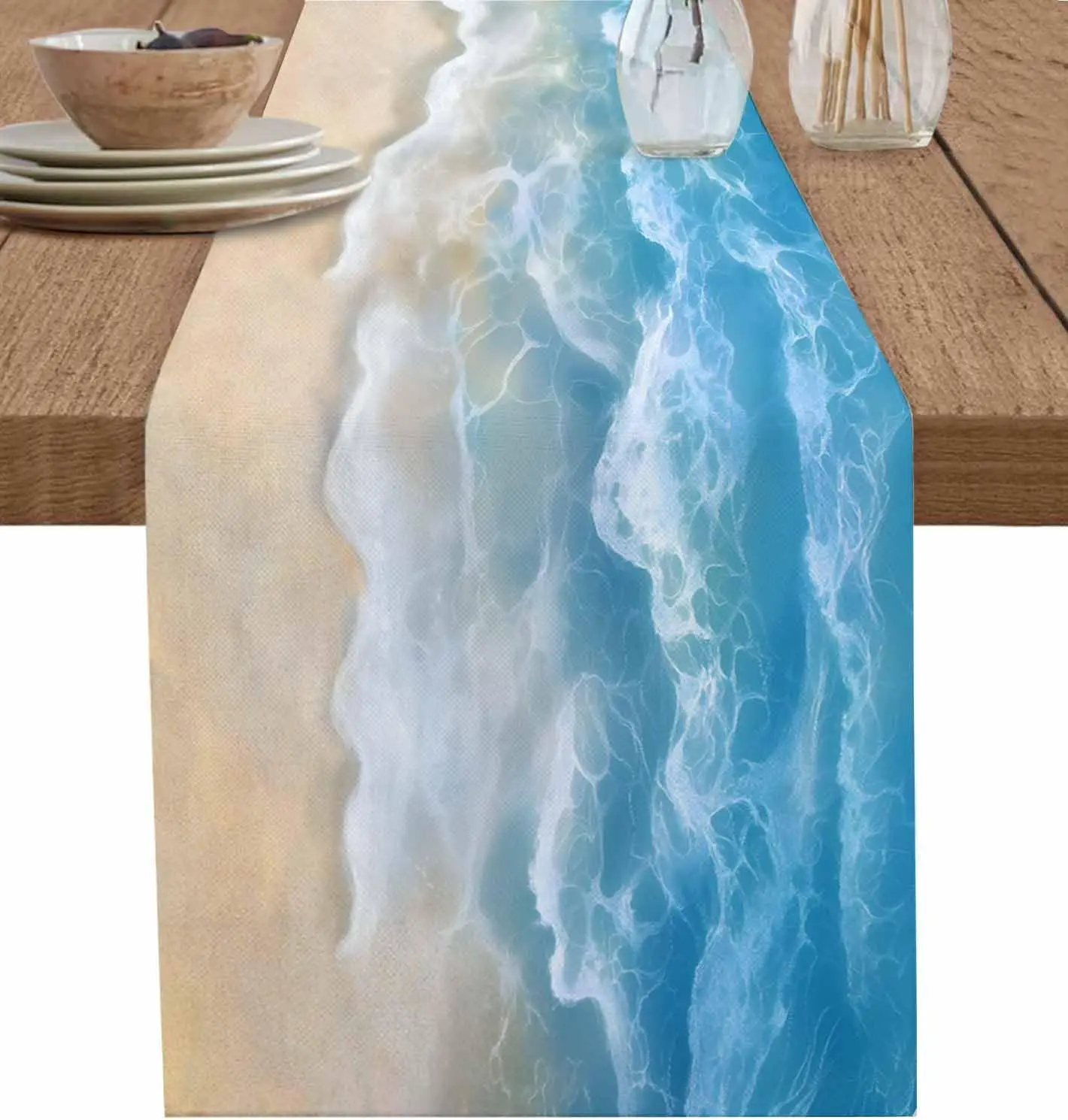 شاطئ المحيط موجة الأزرق تموج الماء الجدول عداء مضمد وشاح ديكور قابلة لإعادة الاستخدام المطبخ طاولة طعام عداء ديكور الحفلات #1