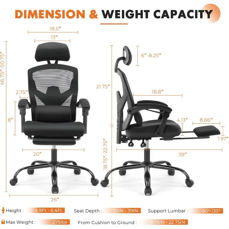 Ergonomic High-Back Mesh Rolling Work Swivel Chairs with Wheels, Comfortable Lumbar Support, Comfy Arms for Home, Black