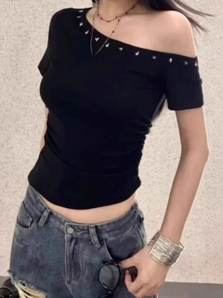 

2025 Y2k Aesthetic Black Skew Collar Tshirts Streetwear Women Vintage Rivet Grunge Tees Harajuku Casual Bodycon Cropped Tshirt