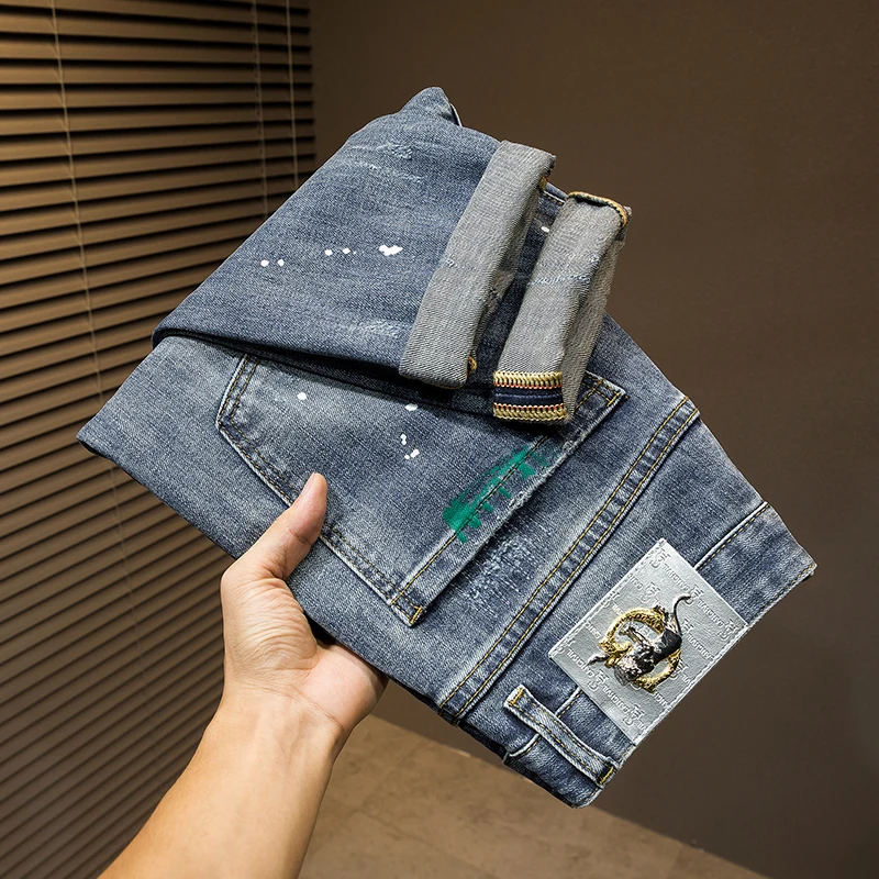 Fashion Street Personalised Colourful Painted Designer Hip Hop Pants Mens Jeans Vintage Blue Micro Stretch Slim Hole Hombre