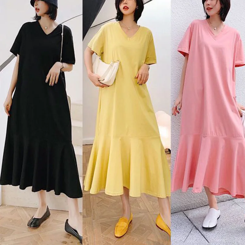 

Women Clothing Simplicity Patchwork Solid Color V-neck Short Sleeve Casual Dresses Summer Fashion Ruffles Pullover Midi Dress