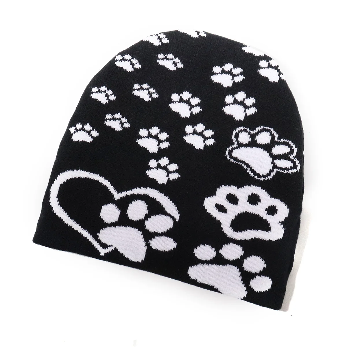 Cute Dog Paw Print Knitted Hat Double Side Pattern Men Women Warm Beanies Cap Europe and America Winter Cold-proof Ski Bonnet