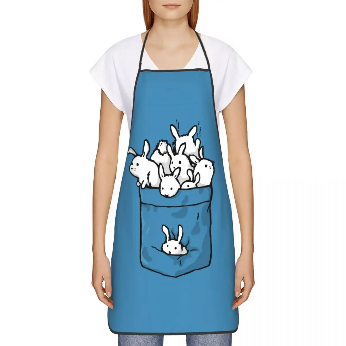 Funny Cute Bunnies In Pocket Bib Apron Women Men Unisex Kitchen Chef Rabbit Pattern Tablier Cuisine for Cooking Baking Painting