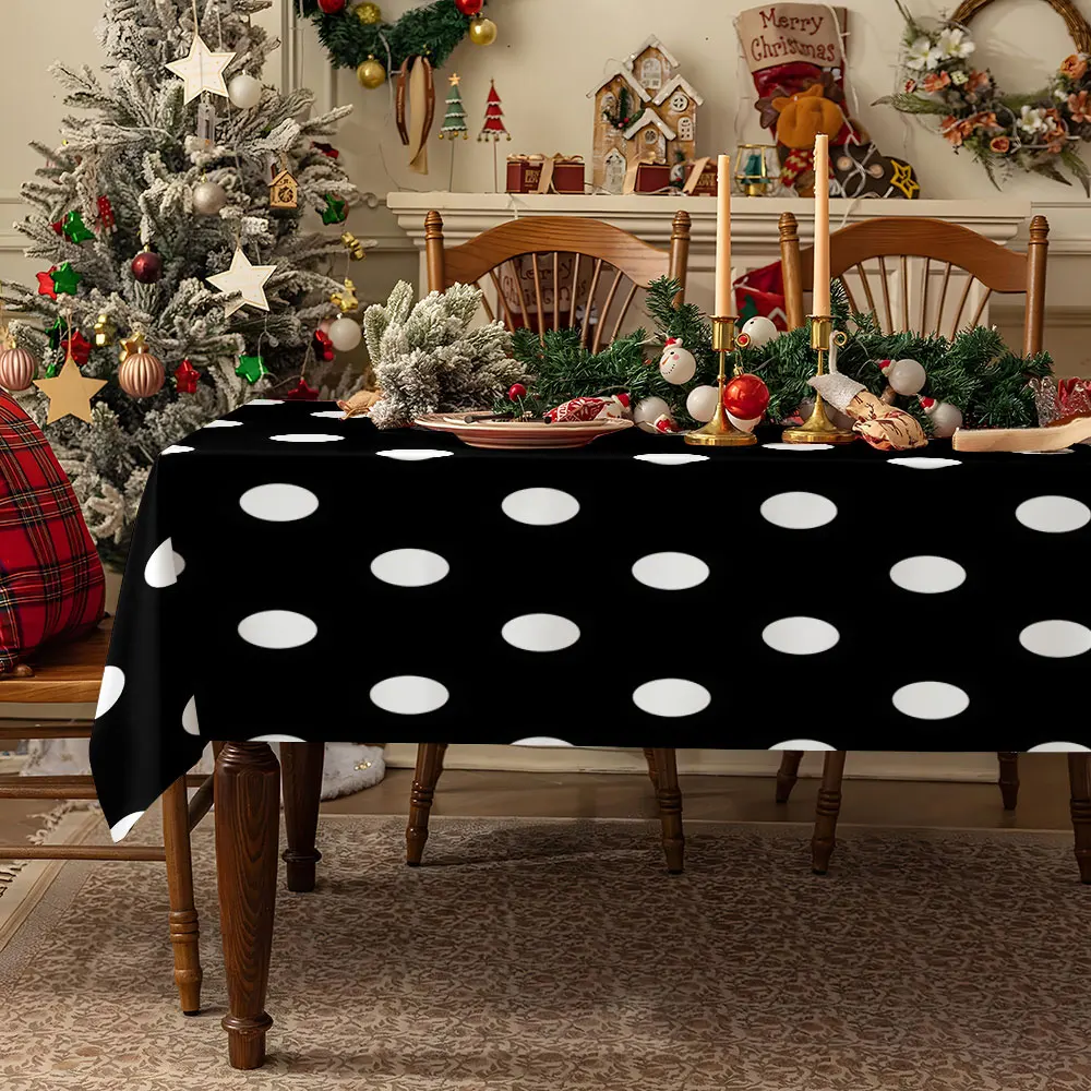 Black White Abstract Dots Waterproof table cloth, splash-proof tablecloth, for party, Halloween, Christmas, dining, camping