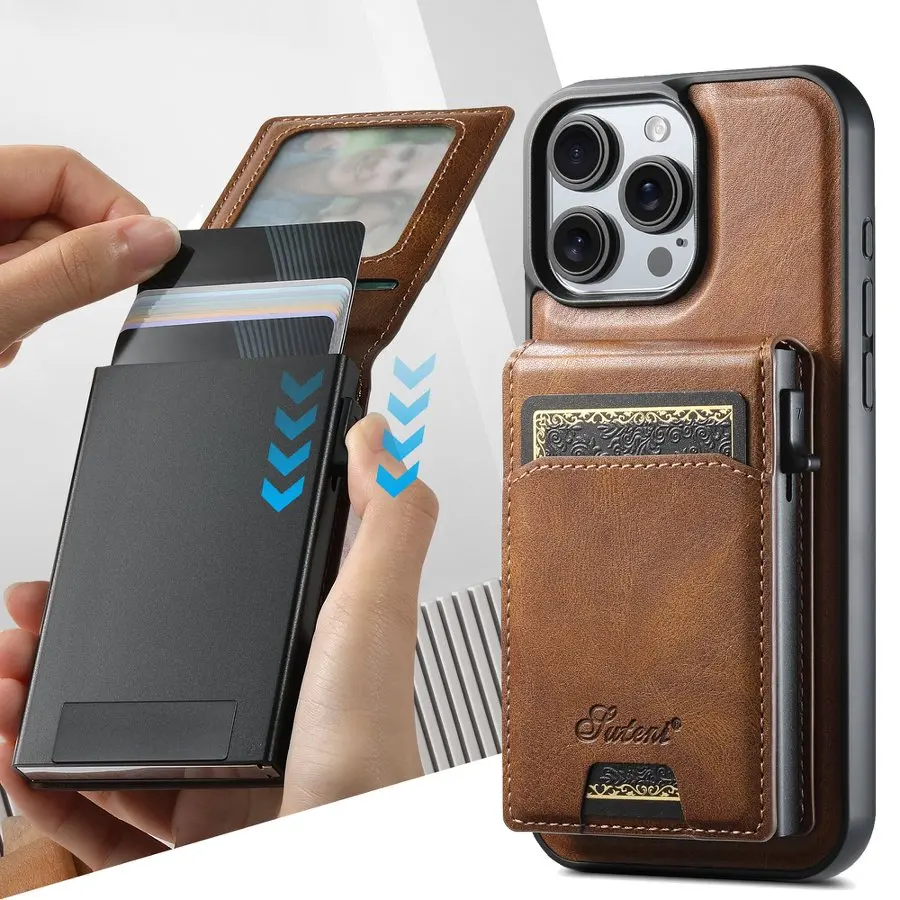 Magnetic Wireless Charging Card Slot Faux Leather Wallet Button Card Box Phone Case For iPhone 18 17 16 15 14 Plus 13 12 Pro Max