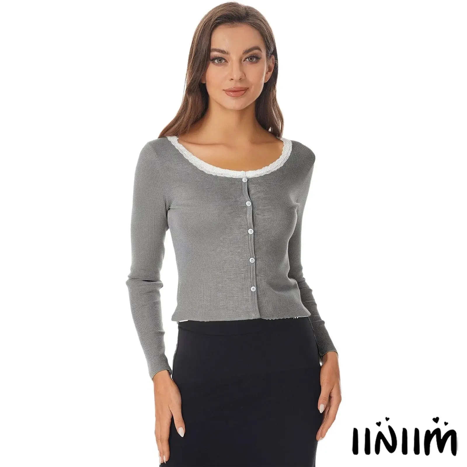 

Modern Crop Sweater Shrug Lace Trimmed Button Down Knitted Cover Up Lightweight Women Outerwear Business Casual Coffee Date Wear