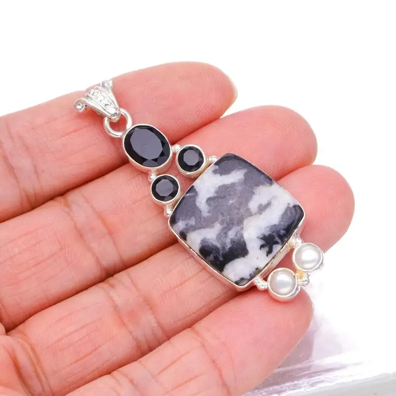 StarGems Natural Pinolith Jasper&Black Onyx And River Pearl Handmade 925 Sterling Silver Pendant 2 1/4