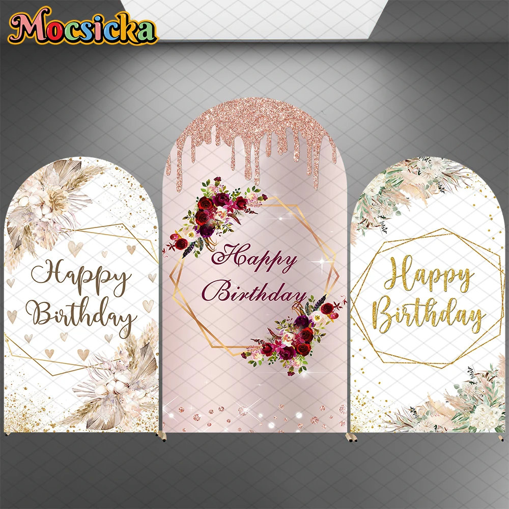 

Mocsicka Happy Birthday Backdrops Arch Cover Double-Sided Wedding Baby Girl Photo Arched Background Flowers Rose Decor Photocall
