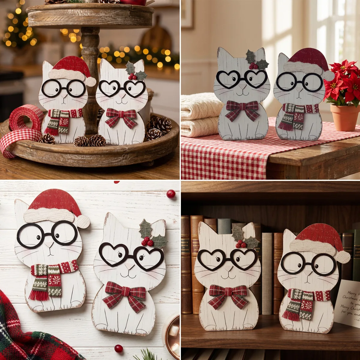 1PC Vintage Wooden Cat Figurine Set Christmas Santa Hat Scarf Bow Tabletop Home Party Decor