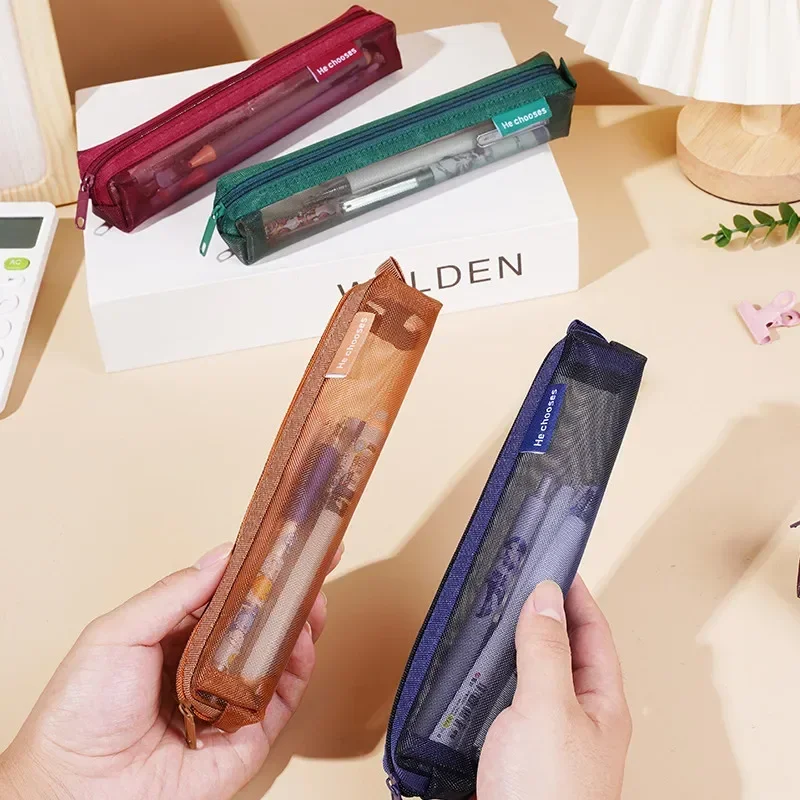 1 Buah Kotak Pensil Transparan Jaring Sederhana Tas Pena Penyimpanan Kantong Ritsleting Perlengkapan Kantor Alat Tulis Lucu Mini Portabel