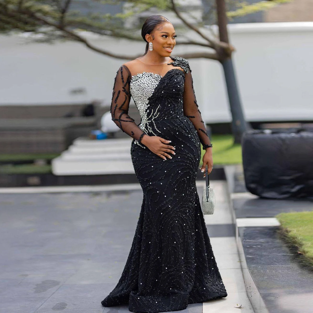 chinese dress ladies Black Sexy Mermaid Long Sleeves Beaded Evening Dress Formal Prom Dress –  luladress