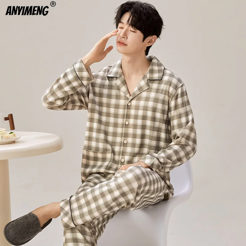 Autumn Winter Faux Cotton Men Pajamas Plaid Pajama Sets Long Sleeves Pants Homewear Elegant Male Pajamas Leisure Pyjamas