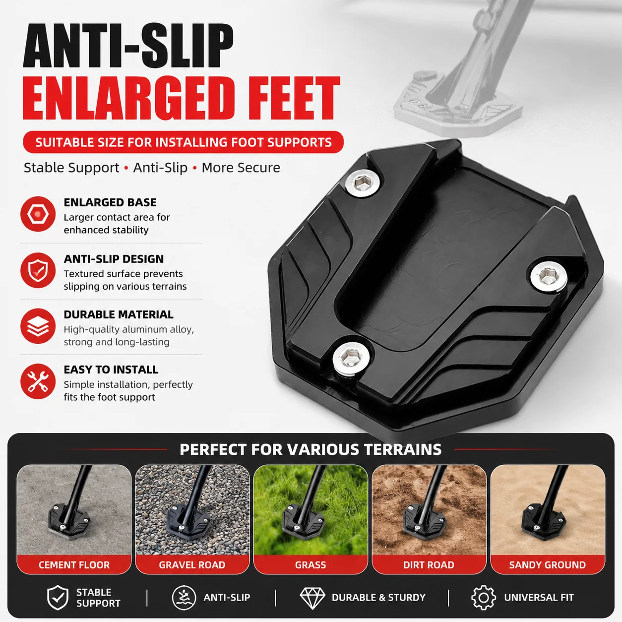 

Scooter Motorbike Accessories Extension Foot Pad Bike Kickstand Extender Foot Side Stand Extension Pad Anti-skid Enlarged Base