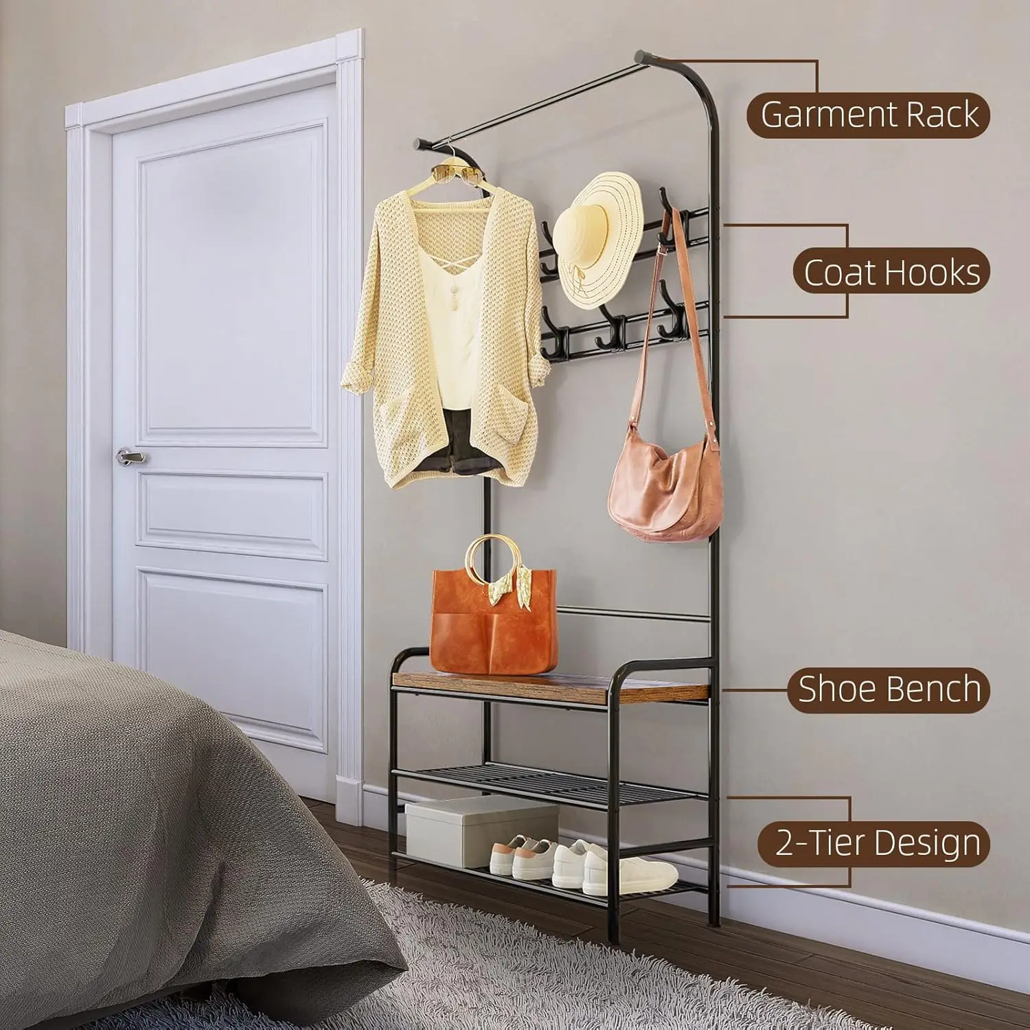 Coat Rack Shoe Bench, 3-in-1 Hall Tree Shoe Rack for Entryway, Coat Tree with 3-Tier Storage Shelf and 8 Hooks