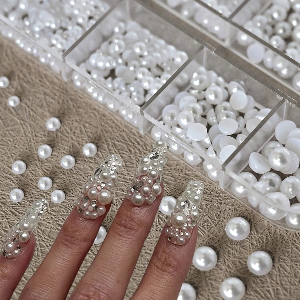12Grids 3D White Pearl Beads Mixed Rhinestone Nail Charms Flatback Half-Round Pearl Gems For DIY Phone Case Nail Art Decoration