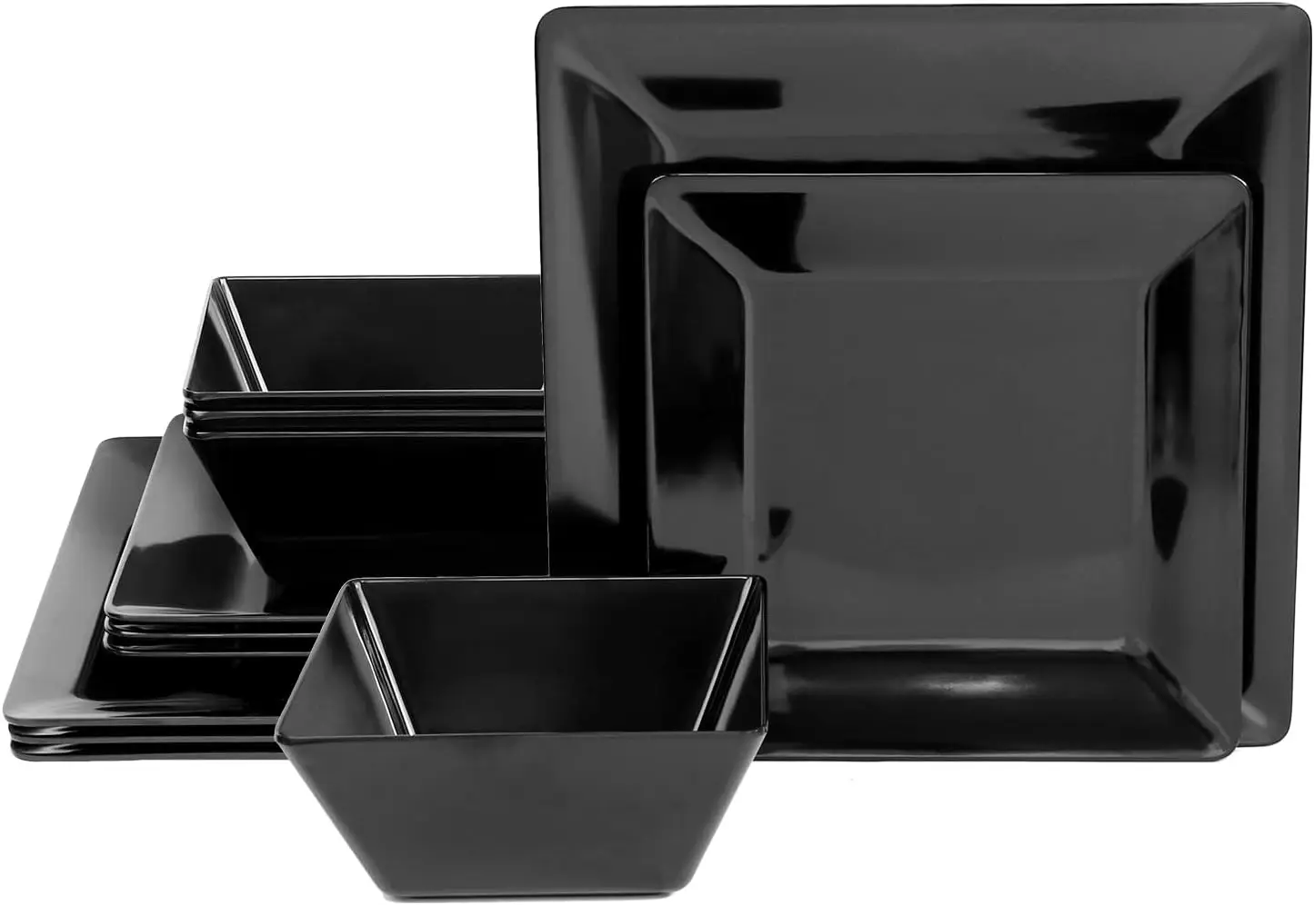 

12-Piece Dinnerware Set, Melamine Dishes Set with Bowls and Plates, Non-breakable and Lightweight Square Dinner Set for 4