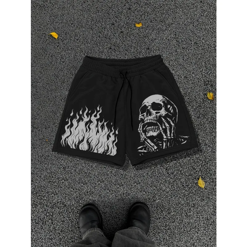 Men's casual sports shorts with flame and skull print drawstring waistband, regular fit, summer multifunctional pants