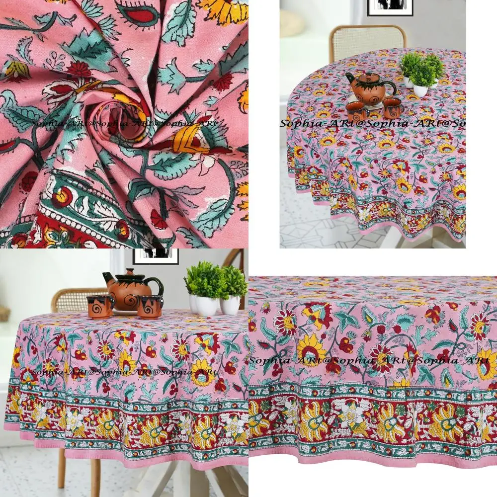 

Скатерть из хлопка с блочной печатью на 4 персоны, 60 штук, для использования на открытом воздухе, патио, кемпинга и праздничных мероприятий – моющаяся накидка на кухонный стол