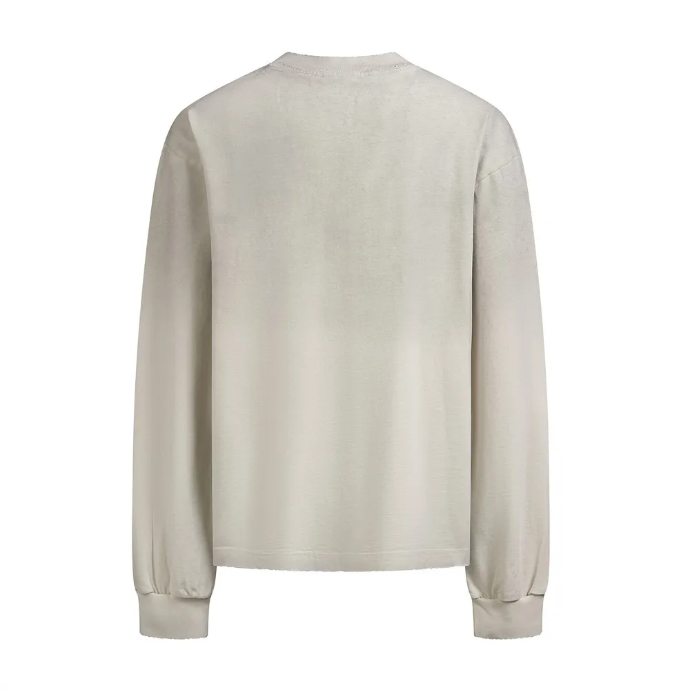 MWJLPWQ Heavy Weight Letter Print Long-Sleeve T-Shirt Loose Fit Distressed Stained Round Neck Men's Cotton Tops Trendy 21121