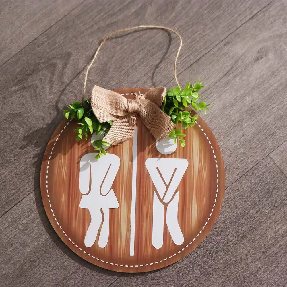 Creative Round Wooden Toilet Sign Bow Knot Rustic Style Bathroom Sign Density Board Decoration Wall Hanging Signs Laundry