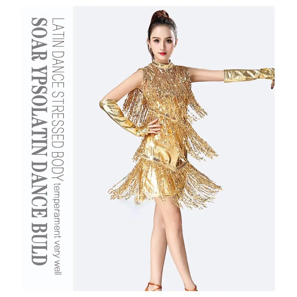 الترتر فستان رقص اللاتينية مع قفازات السامبا الرقص الترتر فستان رقص شرابة رومبا الرقص المنافسة فستان عرض الأزياء #4