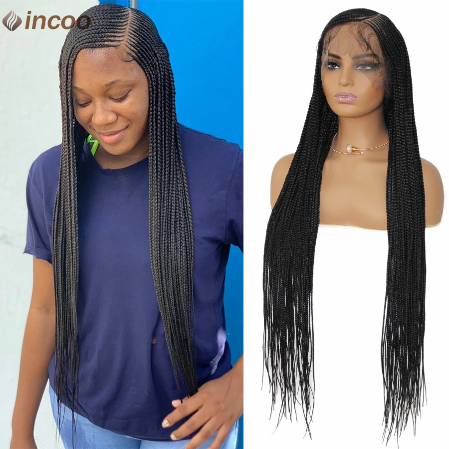 Синтетические кружевные плетеные парики Goddess для чернокожих женщин, боковая часть, косички, плетеный парик без узлов, косички с детскими волосами, 36 дюймов