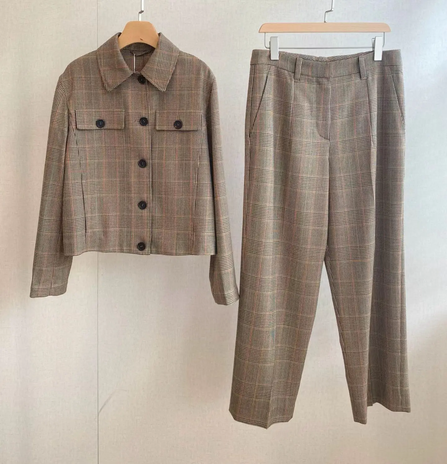 Old‑Money Style Women Plaid Matching Set Collared Cropped Jacket and Wide‑Leg Pants 2‑Piece Vintage Suit