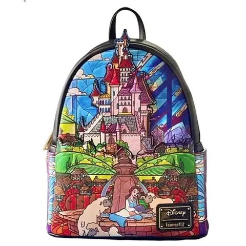 Loungefly Disney Backpacks Princess Castle Series Belle Womens Double Strap Shoulder Bags PU Leather Women Backpack
