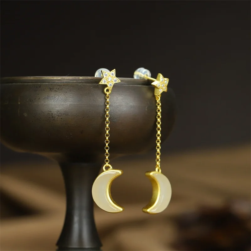 Hot Selling Natural Hand-carved White Jade Moon 925 Silver Gufajin Inlaid Earrings Studs Fashion Jewelry Women Luck Gifts1