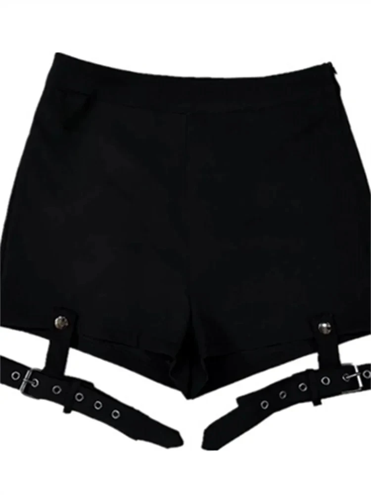 Harajuku Retro Mode Frauen 2023 Neue Gothic Punk Shorts Einfarbig Gürtel Patchwork Hohe Taille Gothic Stil Frühling Damen Shorts