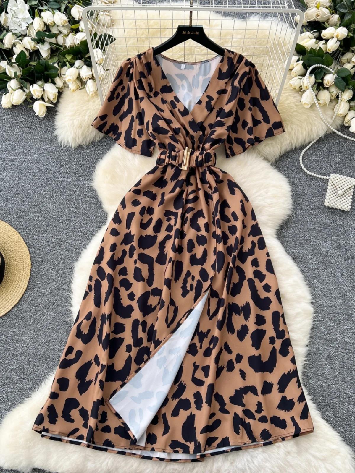 High Waist V-Ne Belted ort Sve Dr Women's A-Line Midi Dr Leopard Print Long Skirt Korean Sle Slimming Split